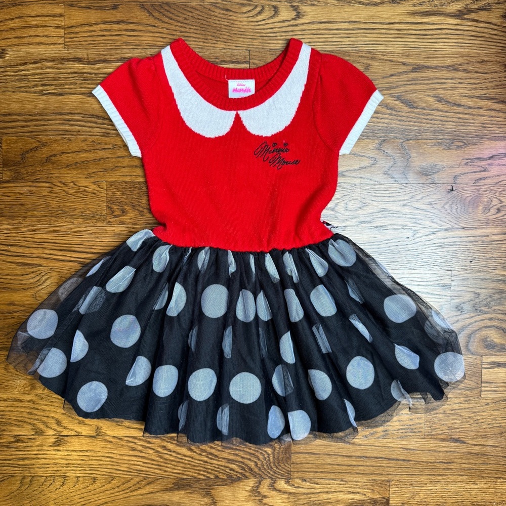 Disney Junior Girls Minnie Mouse Red Black Polka Dot Knit Tulle Dress Size 3T